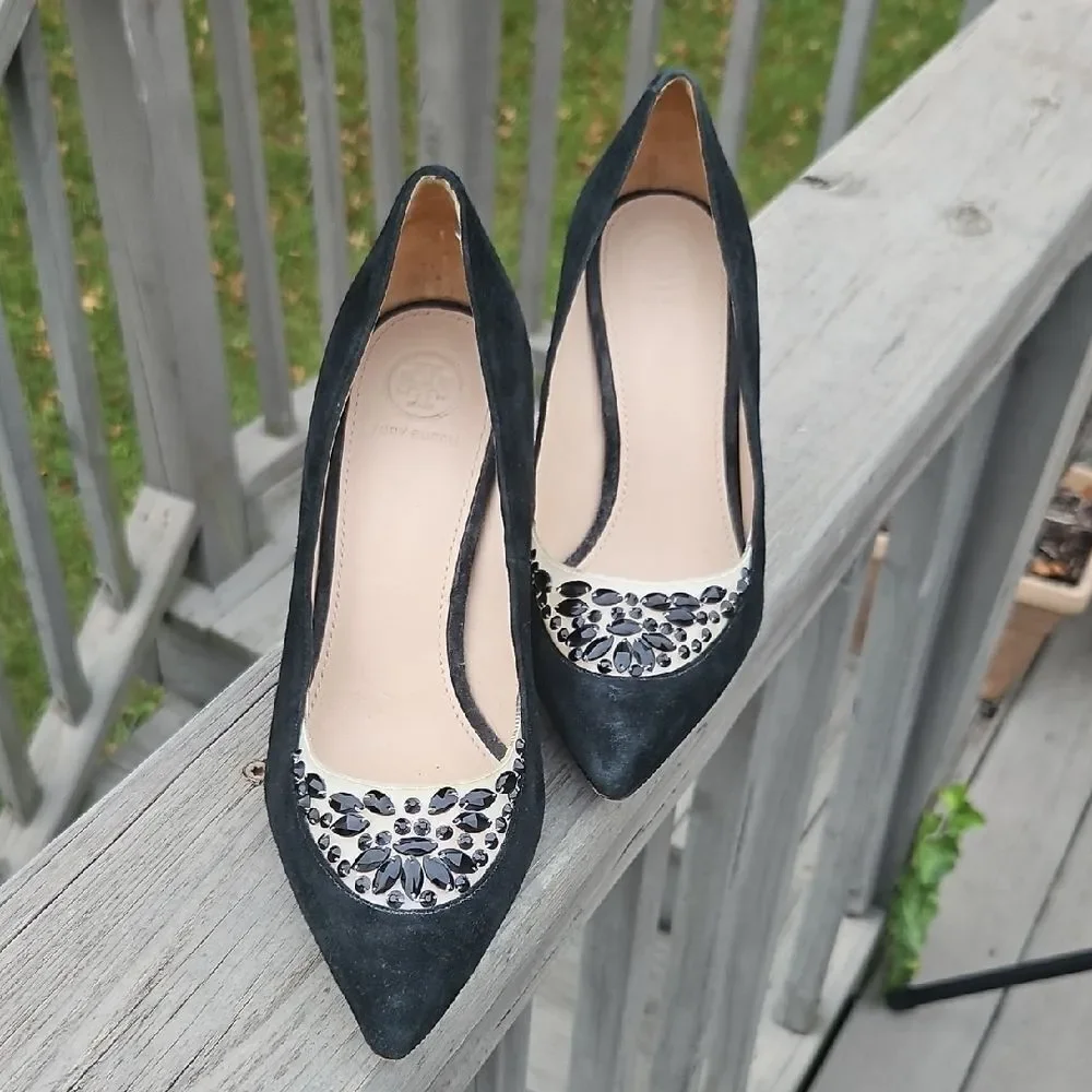 Tory Burch Delphine Rhinestone Heels – Black Suede, Size 7 ✨